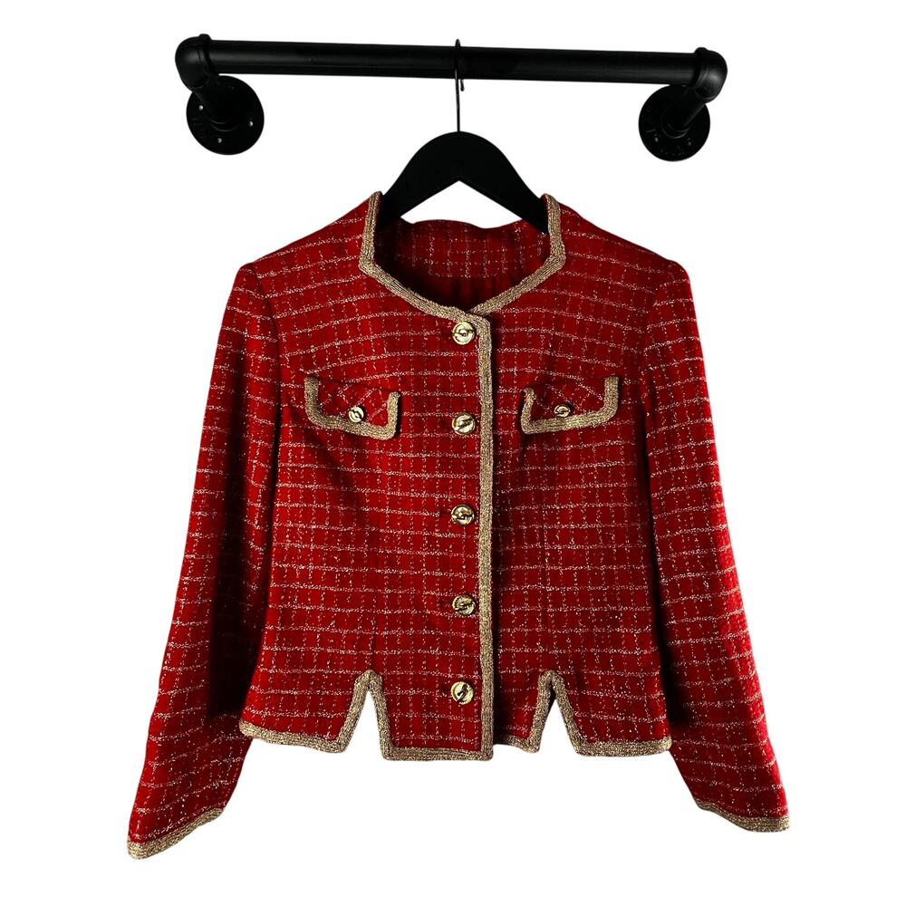 Vintage Red Gold Metallic Tweed Cropped Jacket S Chanel Style Preppy Academia